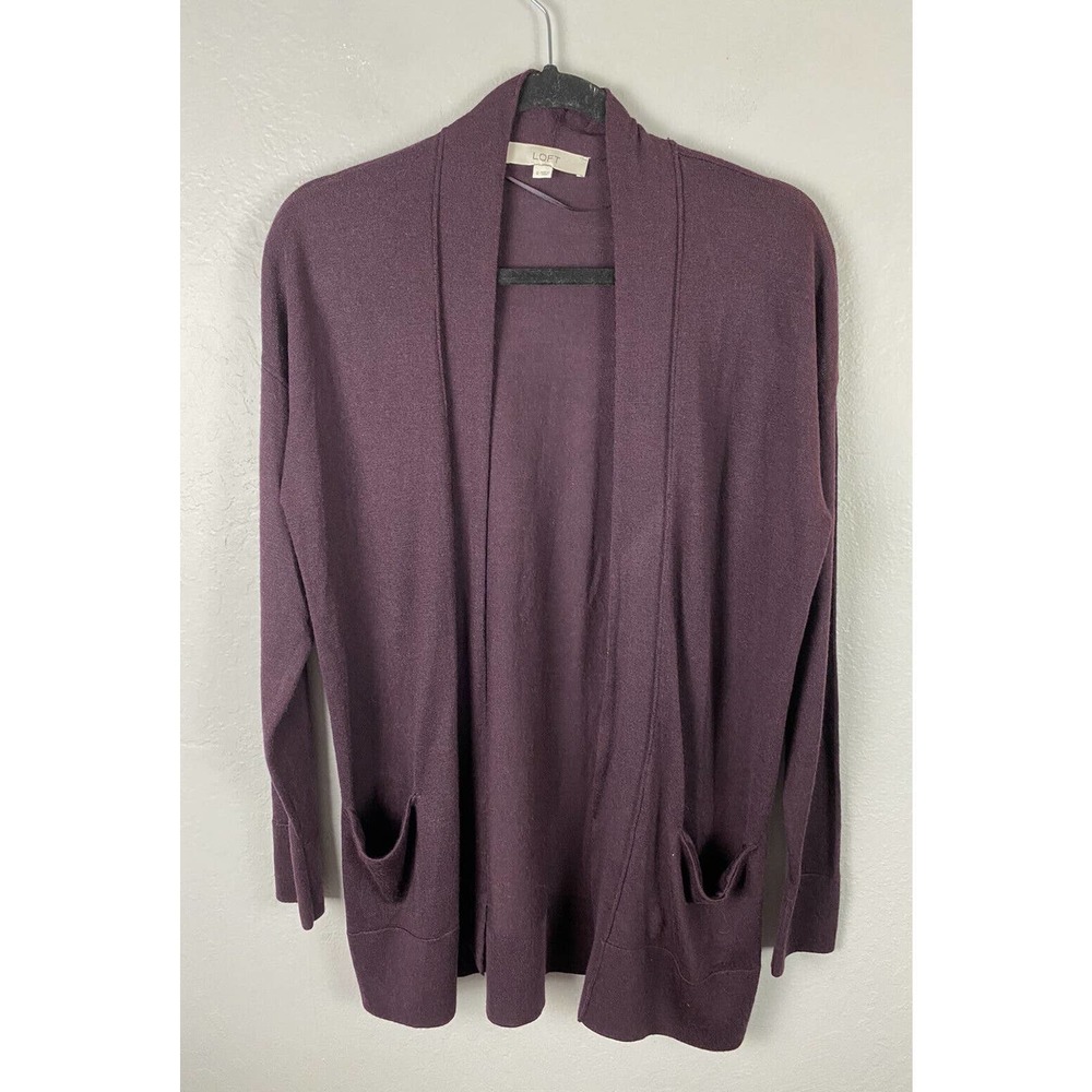 LOFT Fine Wool Blend Lightweight Cardigan Size SMALL Maroon Purple Open Front